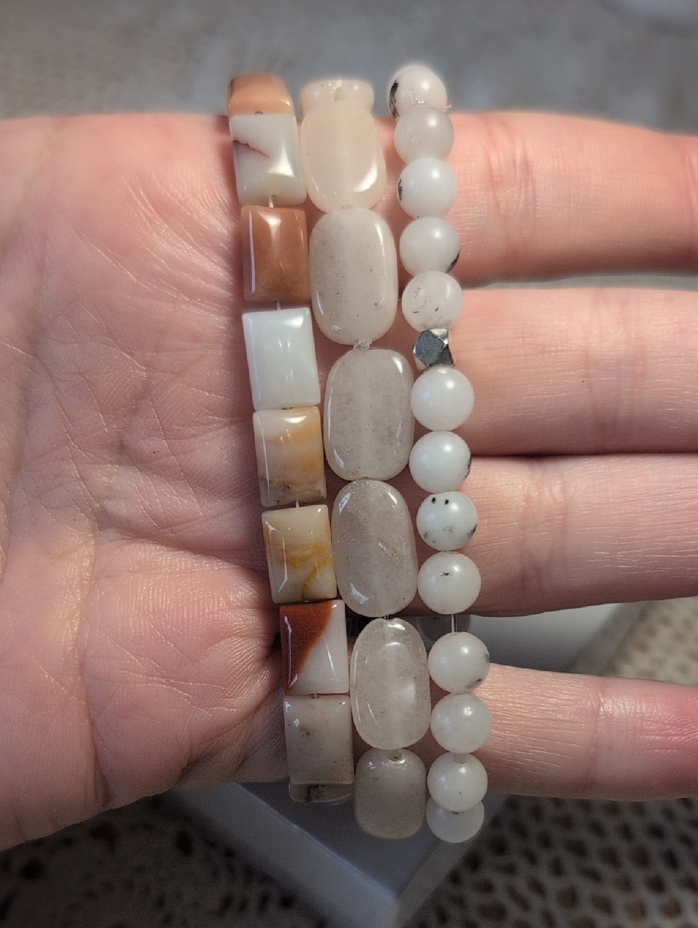 Stretch Bracelet Set- Mountain Jade, Oregon Picture Jasper, And Gray Quartz